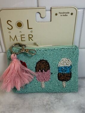 SOL and MER Beaded Ice Cream Coin Purse - Mint with Pink Tassel NWT